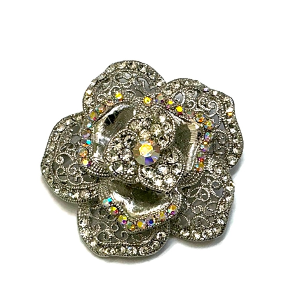 Silver Toned with Rhinestone Flower Brooch